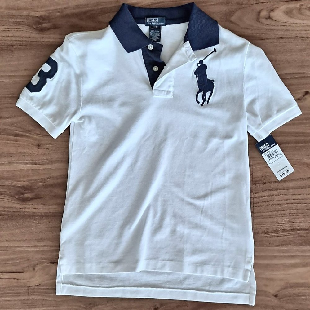 NWT Boy's Polo Ralph Lauren Small (sz 8) big pony. White with navy collar